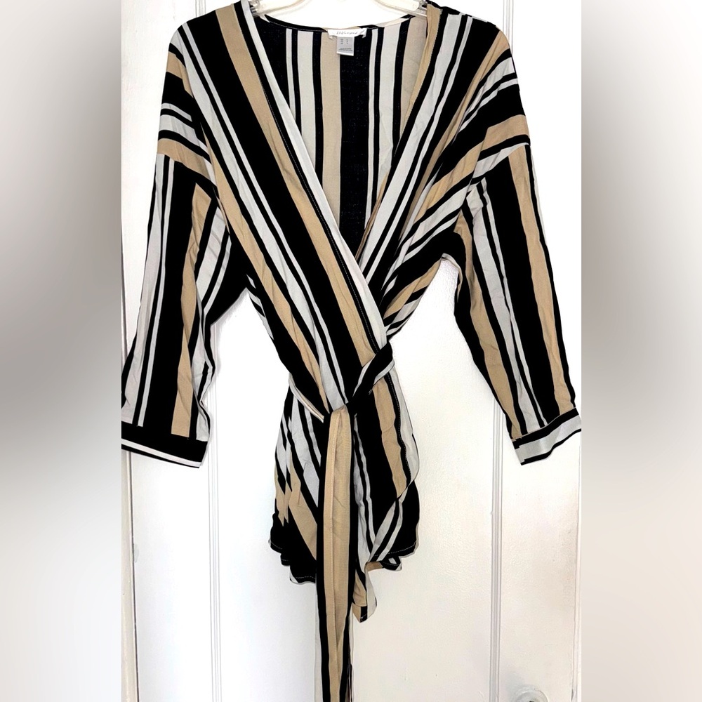 Black, White, And Beige Striped Cardigan with belt
